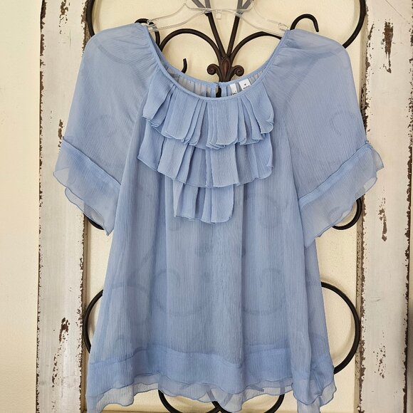ELLE -Women`s Baby Blue Short Sleeve Shear Ruffle Shirt Blouse M - Picture 1 of 5